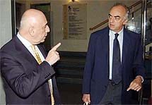 Adriano Galliani, vicepresidente e amministratore delegato del Milan, con Antonio Giraudo, ex amministratore delegato della Juve: litigarono per gli arbitri e le tv, poi fecero pace.